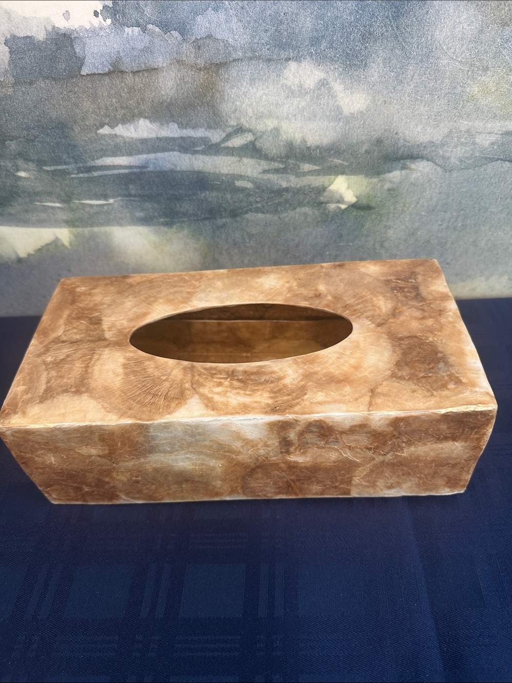 Vintage Palu beige seashell tissue box featuring a smooth, marble look
